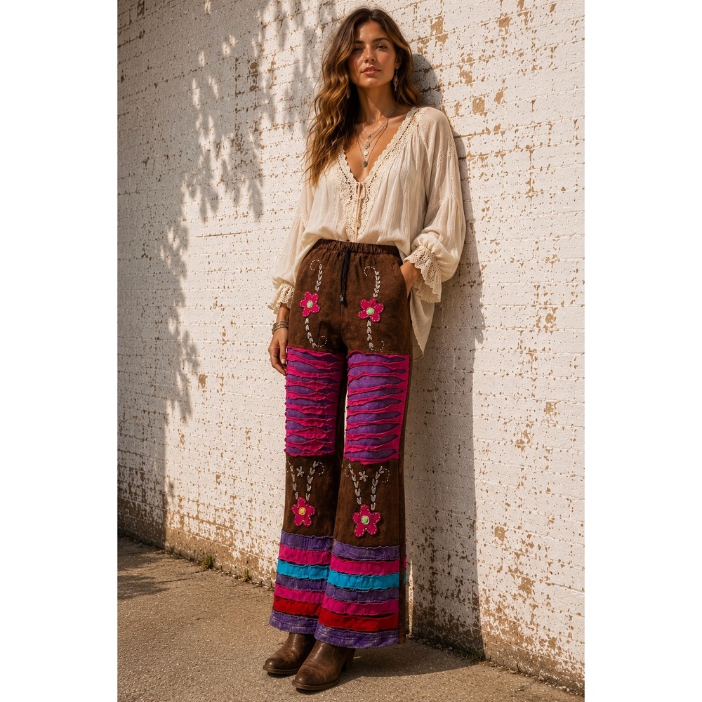 K.P.C. Brown Cotton Patchwork Flare Pants Boho Floral Embroidered Hippie XL NWT
